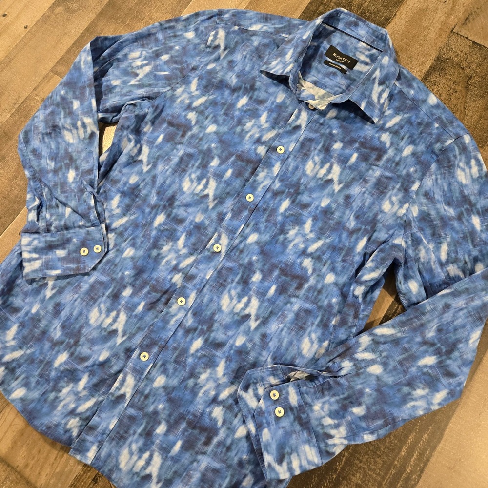 BUGATCHI Julian French Blue Abstract Watercolor Print Stretch Shirt Men's Large